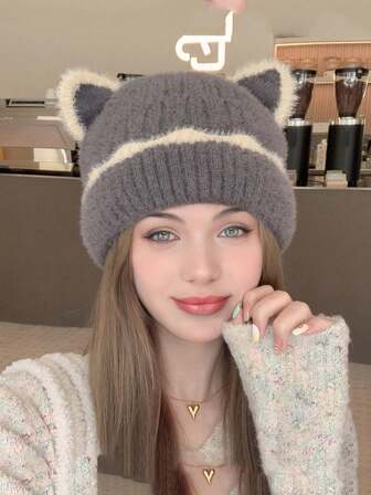 1pc Women's Autumn/Winter Knitted Hat, Large Head Circumference, Warm, Cute Ear Design, Suitable For Outdoor Activities Like Skiing