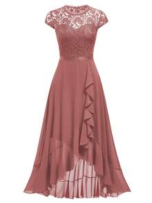 MIUSOL Contrast Floral Lace Chiffon Ruffle Hem Formal Party Long Dress - Bụi hồng - Xem 7