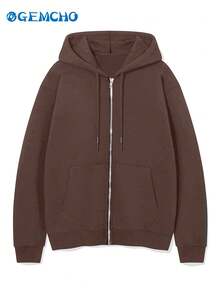 GEMCHO Áo khoác nữ dài tay, màu trơn, có khóa kéo và túi trước, kiểu dáng hoodie, thích hợp cho mùa thu. - Màu đỏ tím - Xem 5