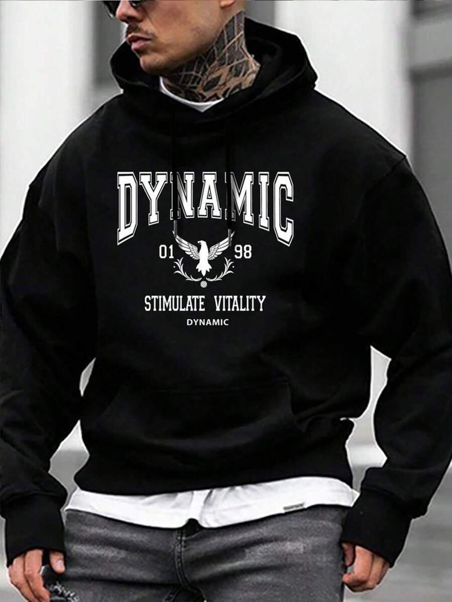 Otoño invierno caliente hoodie hombre casual patrón estampado manga larga sudadera con capucha hombre top - Negro - Ver 1