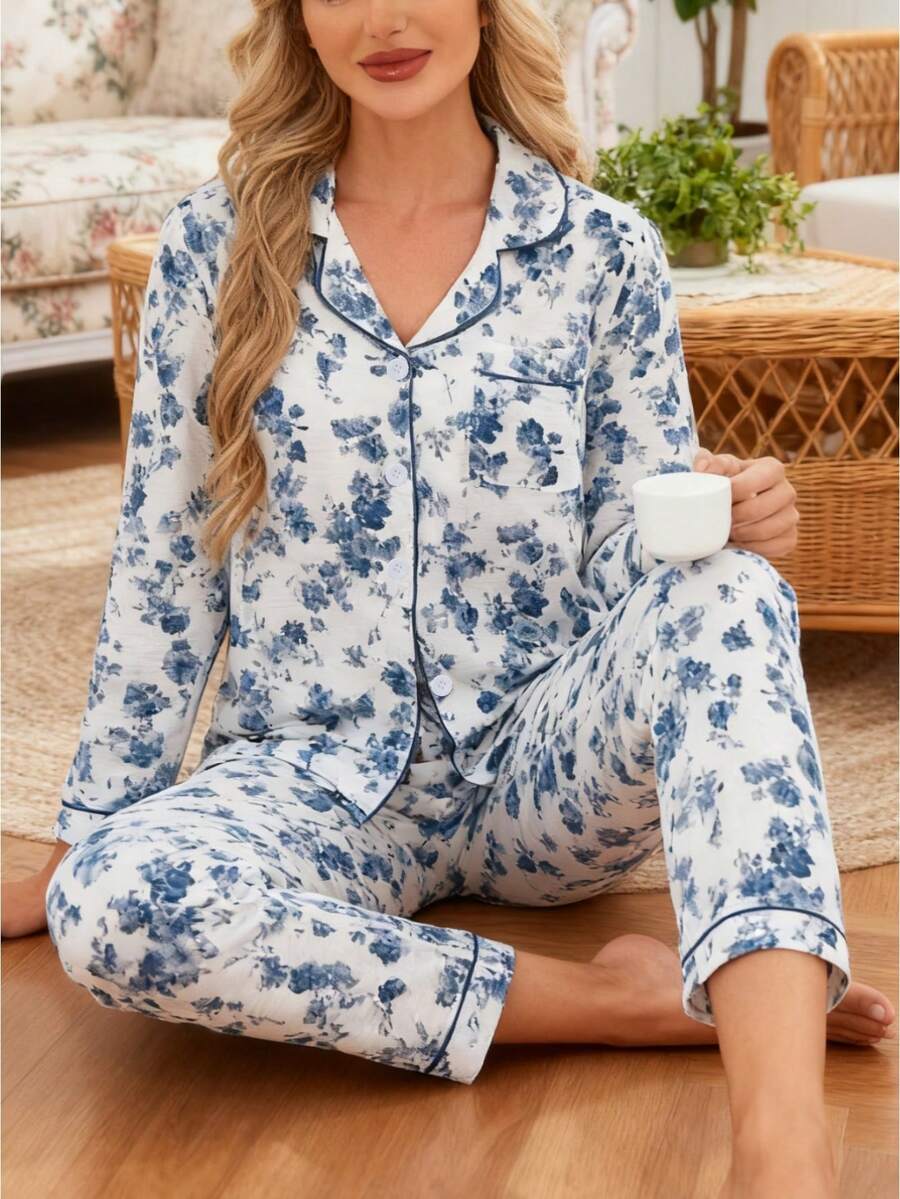 Bộ đồ ngủ 2 món gồm áo dài tay và quần dài cho nữ, đồ mặc nhà họa tiết hoa rộng rãi, thoải mái khi mặc trong nhà và ngoài trời, mùa thu/đông - Màu xanh lam - Xem 1