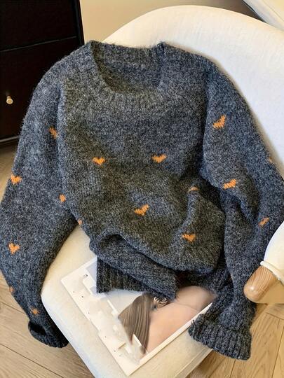 ii Women Cozy Heart Pattern Sweater Long Sleeve Pullover With Round Neck Sweater
