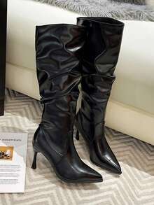 Botas altas plissadas de bico fino, estilo cavaleiro europeu e americano, para outono/inverno, botas marrons de salto fino acima do joelho, botas pretas retrô de salto alto que alongam a silhueta. - Preto - Ver 7