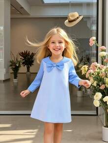 Autumn Girls' Collegiate Style Blue & White Striped Bow Decor Long Sleeve Casual Dress, Comfortable For Everyday Wear