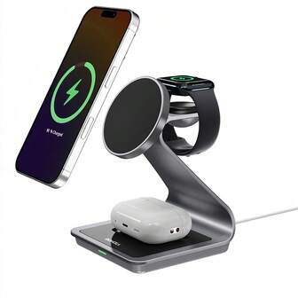 Soporte de carga inalámbrica magnético 3 en 1 compatible con dispositivos Apple, para iPhone 17 16 15 14 13 12 Pro Max Mini, estación de acoplamiento metálica de carga rápida de 15W para Apple Watch SE/11/10/9/8/7/6/5/4, compatible con Earbuds 3/2/Pro