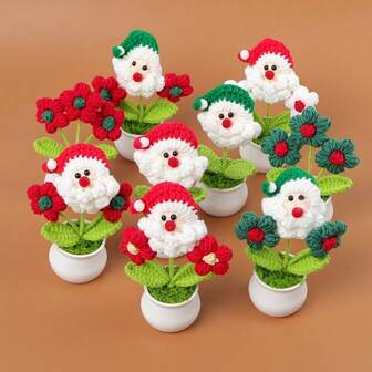 1pc Handmade Crochet Christmas Flower Potted Plant, Santa Claus Figurine, Warm Homemade Decor, Holiday Themed Decoration, Versatile Tabletop Decor, Stable Resin Base, Suitable For Home, Christmas Gifts, Store Display, Holiday Atmosphere, Girlfriend Gifts, Office Desk, Holiday Ornament