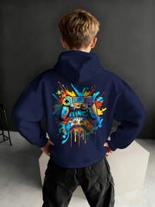 1pc Tween Boy Casual Printed Pullover Sweatshirt, Thermal Lined, Long Sleeve, Autumn/Winter - Navy Blue - View 8