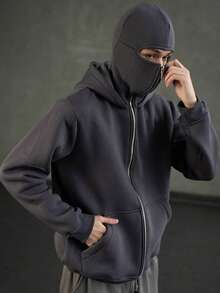 Stylish Black Balaclava Hoodie With Full-Face Mask - Casual Zip-Up Sweatshirt, Machine Washable, Graphic Design, Perfect For Outdoor Activities, Outdoor Activity Apparel | Fashionforward Hoodie | Durable Fabric Hoodie - 灰色 - 查看 3