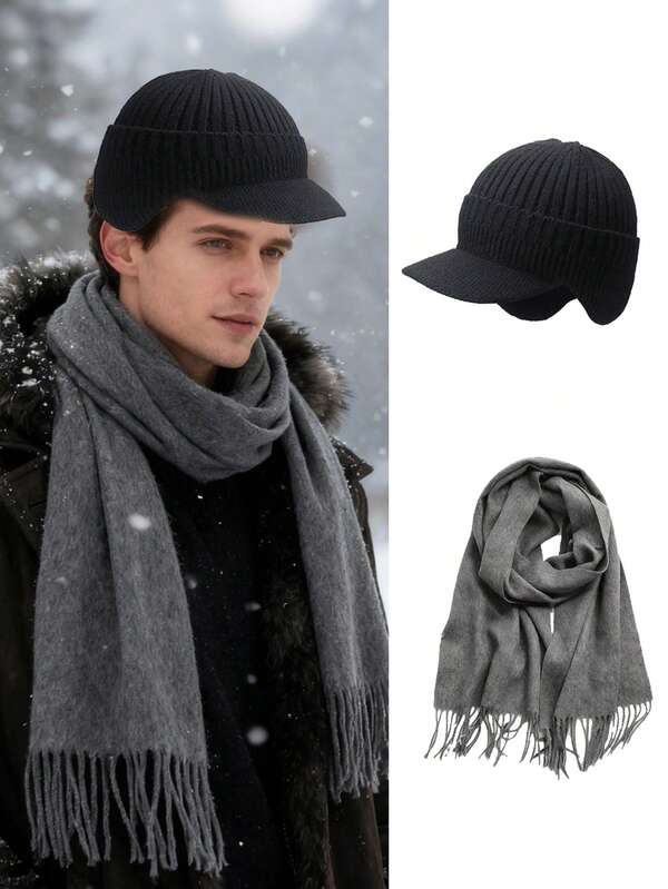 2 pièces Écharpe grise épaisse et chaude unisexe pour l'hiver, bonnet tricoté coupe-vent et réchauffe-oreilles pour hommes, convient pour un usage quotidien, les activités de plein air, la randonnée, le ski, ensemble écharpe et bonnet accessoires pour hommes