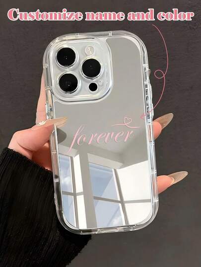 Customized Creative Design Artistic Heart Personalized Text Multi-Color Custom Short Phrase Signature Customized Mirror Surface Phone Case Transparent Thick Full Coverage Reflective Phone Case Customized Phone Case Protective Cover Suitable Compatible With Apple 11 12 13 14 15 16 17 Pro Max