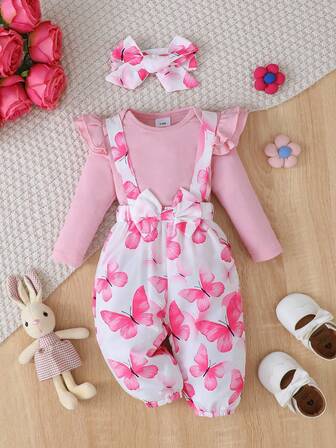 3-pack set med fjärilsmönster för babyflickor, body, byxor och pannband