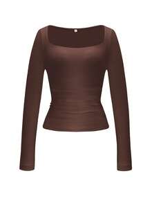 Áo dệt kim dài tay ôm dáng gợi cảm Vaiaye dành cho nữ, màu trơn, cổ vuông, kiểu dáng thường ngày đa năng, tối giản, thích hợp cho mùa xuân/hè. - màu nâu - Xem 3