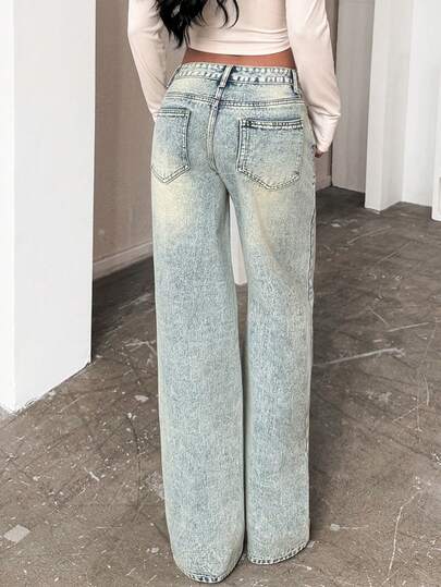 Vintage Washed Light Blue Super Low Waist Wide Leg Jeans, Women Distressed Straight Leg Denim Pants, Fashionable Loose Dad Jeans