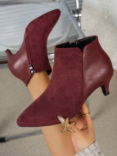 Women's New Autumn/Winter Fashion Patchwork Pointed Toe Side Zipper Elegant Kitten Heel Ankle Boots, Comfortable & Suitable For Holidays, Brown & Burgundy
