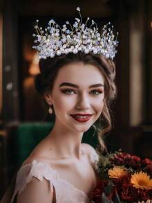 1 Stück luxuriöser romantischer Perlen- & Kristall-Dekor Braut-Krone, handgefertigter modischer Haarschmuck für Hochzeit, Party & Veranstaltungen