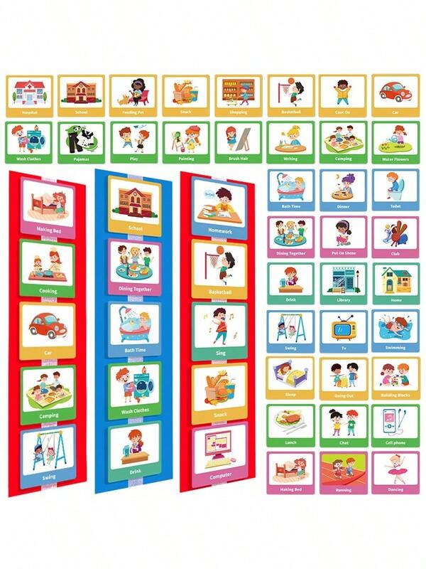 60pcs Visual Schedule Cards, Daily Routine Chore Chart Symbol Cards For Kids Wall Classroom Home School Weekly Planner Day Night Bedtime Behavior Activity Chart Toddler Words Cards For Scheduling And Keepin Order, Reinforce Sense Of Time Of Children, Autism Learning Materials, ADHD Tools ﻿