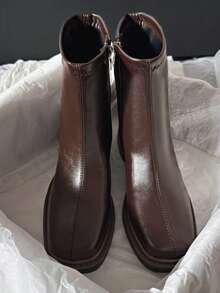 女式复古平底切尔西踝靴，低跟，百搭，后拉链，春秋季 - 棕色 - 查看 3