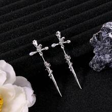 Gothic Sword Earrings For Women,Rhinestone  Pirate Earring,Punk Sword Front Back Stud Earrings Goth Jewelry For Halloween Costume Renaissance Accessories{Inchcolor_nameinch:InchWhiteRoseinch} - WhiteRose - View 4