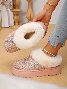 1双时尚毛绒内里厚底保暖家居拖鞋，适合青少年，秋冬季穿着