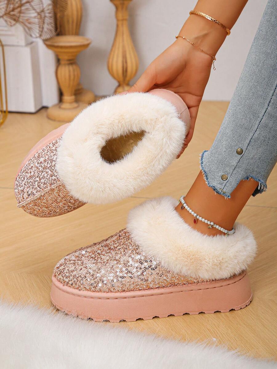 1双时尚毛绒内里厚底保暖家居拖鞋，适合青少年，秋冬季穿着 - 粉色 - 查看 1