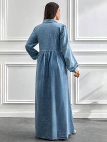 Women's Turndown Collar Zip Half-Placket Long Sleeve Casual Denim Dress - Blue - View 7