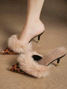 Women's Furry High Heel Mule Sandals, Fashion Closed Toe Pointed Toe Stiletto Slip On Slippers,Kitten Heels - Brown - View 1