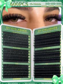 Regalo de Navidad Nuevo Set de 600/570 Pestañas Postizas Rizadas Tipo D Esponjosas, Incluye Tutorial de Pestañas Postizas Amigable para Principiantes, Kit de Pestañas en Racimos Gruesas y Voluminosas DIY (Con Adhesivo y Sellador), Pinzas, Cepillo de Pestañas, Lupa de Pestañas, Reutilizable