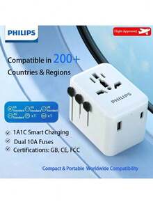 PHILIPS Adaptador de viagem multipaís SPB1015: 1 porta USB + 1 porta Tipo C, compatível com Austrália e Nova Zelândia, leve e portátil, ideal para carregar vários dispositivos.
