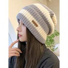 New Loose Striped Knit Beanie Hat, Large Head Circumference, Retro Japanese Style, Warm Winter Hat, Knitted Cap, Flattering, Fashionable, Casual, Polyester, Embroidered, Autumn/Winter - Có - Xem 13