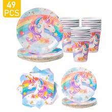 彩虹独角兽一次性餐盘、餐巾纸、杯子套装，派对用品，可供8位客人使用，一次性纸盘，派对餐具，适合生日、婚礼、主题派对、家庭野餐等场合。 - 彩色 - 查看 1