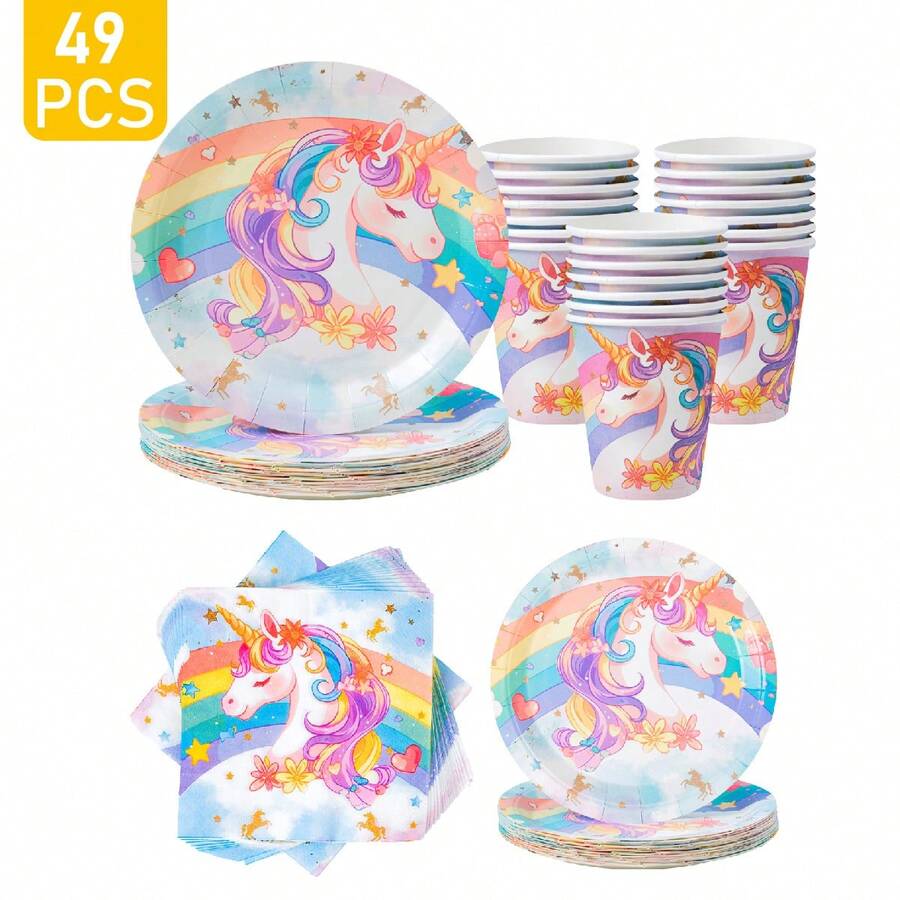 彩虹独角兽一次性餐盘、餐巾纸、杯子套装，派对用品，可供8位客人使用，一次性纸盘，派对餐具，适合生日、婚礼、主题派对、家庭野餐等场合。 - 彩色 - 查看 1