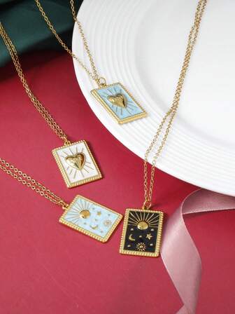 1pc Minimalist Stainless Steel Cross Chain Contrast Color Geometric Square & Heart Pendant Necklace For Women, Suitable For Christmas, Thanksgiving, Autumn/Winter Everyday Wear