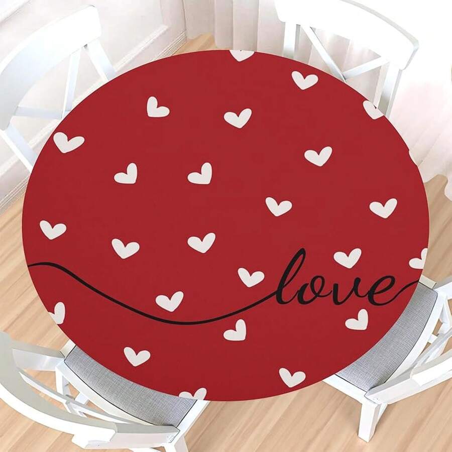 Water-Resistant Round Tablecloth With Elastic Edge For 40-44" Tables - Love-gheart Red - View 1
