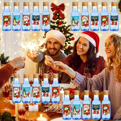 33/4pcs Mini Christmas Liquor Bottle,Beverage Dispensing Bottle,Plastic Decoration Bottles,With Black,Golden And Silvery Lids,And With 4 Styles Labels,Such As Snowman, Santa Claus, Gifts And Merry Christmas Wishes,For Christmas Party Supplies,Birthday Party,Wedding Gift,Outdoor Party