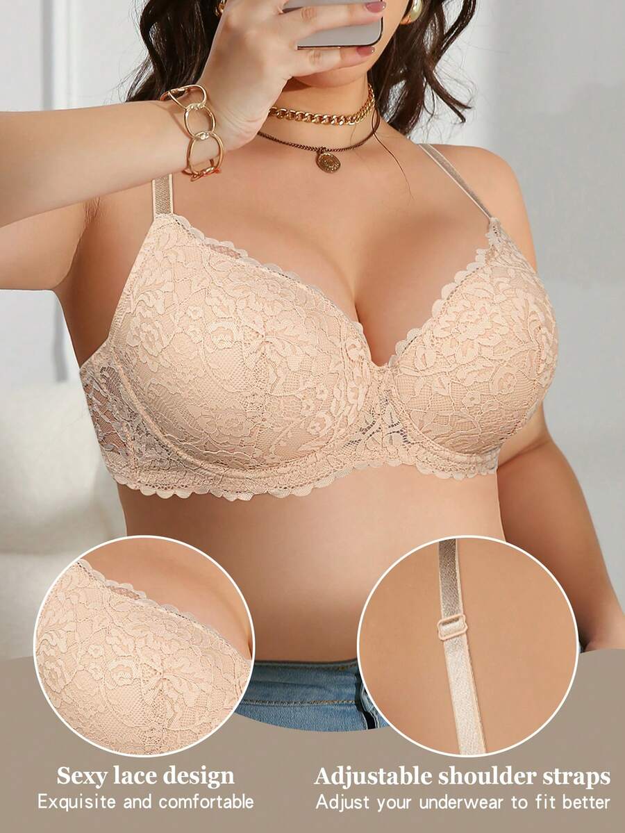 Sujetador con aros de encaje beige talla grande MIMILEMON - Levanta y realza la cintura lateral, copa de cobertura total transpirable, soporte todo el día, curvas con confianza - Beis - Ver 1
