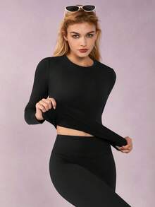 1 Set Women Elastic Crew Neck Tight Fit Thermal Lined Long Sleeve Top And Pants Sportswear Set - Black - View 7