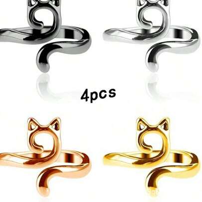 4 件可调节钩针，带螺纹环，可爱猫咪风格针织工具，独特的针织首饰配件