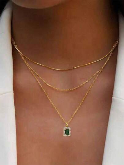 3pcs Vintage Emerald Green Sparkling Cubic Zirconia Layered Necklace Set, Essential For Going Out, Parties And Gatherings