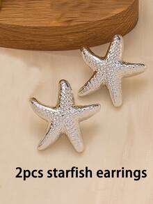 2-12pcs Silver Starfish, Shell Earrings Set, Suitable For Summer Travel And Vacation Wear - Silver - View 8
