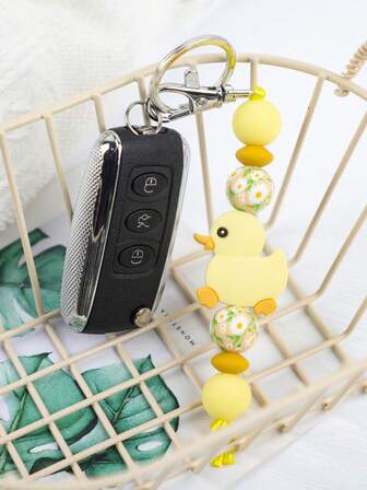 1pc Cute Cartoon Duck Silicone Bead Keychain, Adorable Bag Charm, Key Chain, Car Key Ring, Student Backpack Pendant, Gift For Friends And Family, Birthday Gift