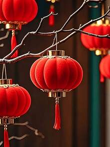 30pcs Mini Red Plush Lanterns, Auspicious Meaning, Accented With Gold, Suitable For Weddings, Chinese New Year And New Year Celebrations, Outdoor Lantern Decor - Multicolor - View 9