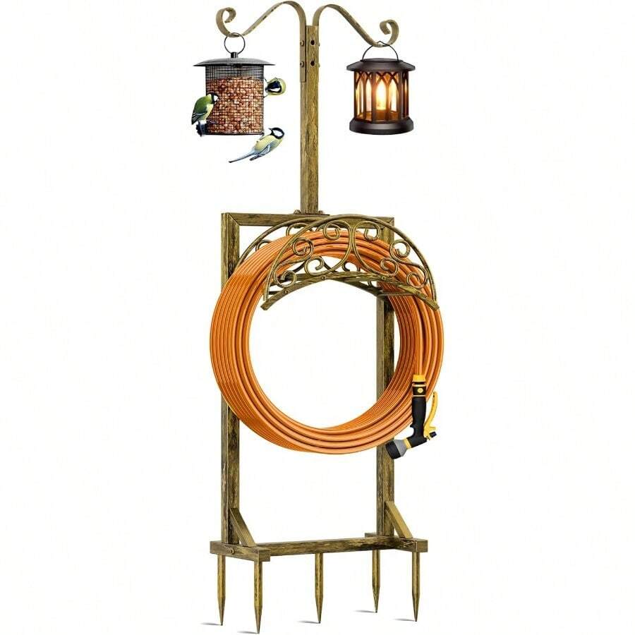 Freestanding Garden Hose Holder With 5 Spikes And 2 Shepherds Hooks For Outdoor Yard Lawn Use - Upgraded Water Hose Storage Reel Rack With Antique Golden Finish For Efficient Hose Management And Organization - 古董金 - 查看 1