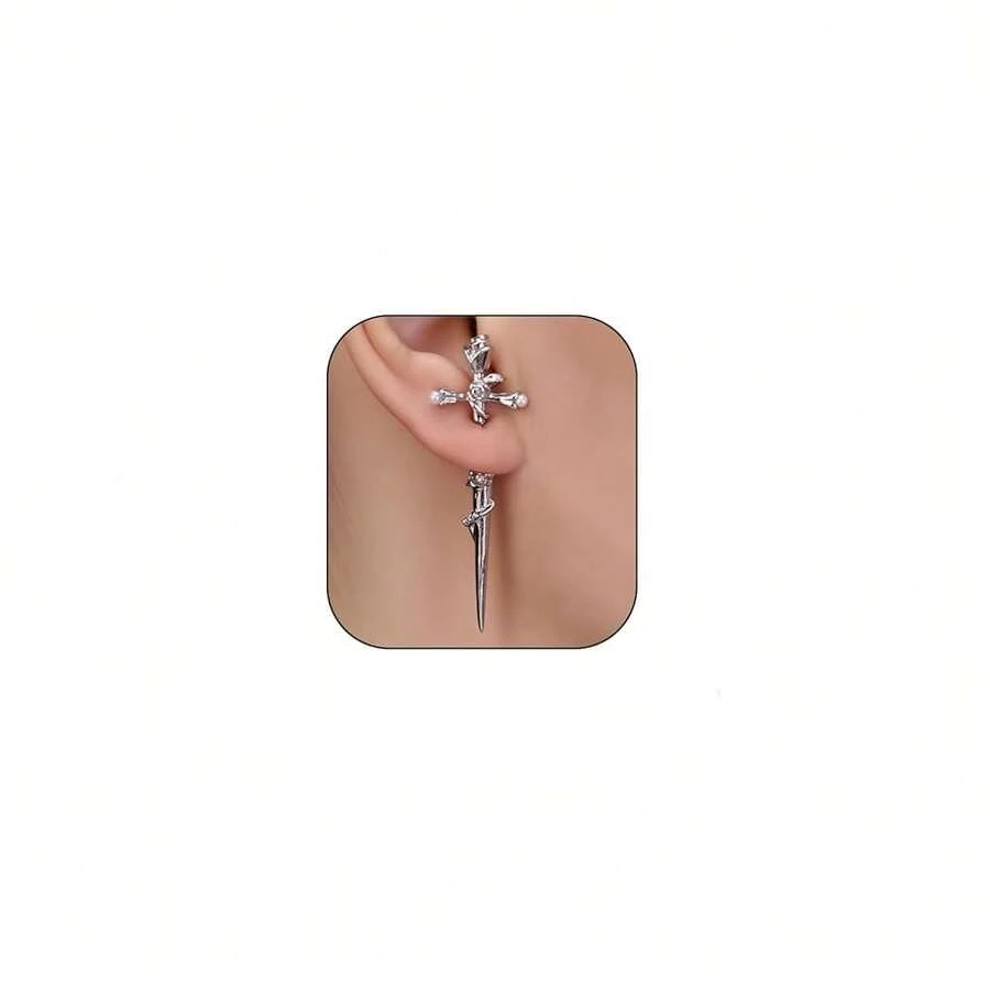 Gothic Sword Earrings For Women,Rhinestone  Pirate Earring,Punk Sword Front Back Stud Earrings Goth Jewelry For Halloween Costume Renaissance Accessories{Inchcolor_nameinch:InchWhiteRoseinch} - WhiteRose - View 1