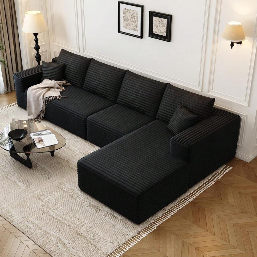 135.4" Cloud Modular Sectional Sofa Couch With L-Shape Chaise,Modern Minimalist Upholstered Couches For Living Room Bedroom,Deep Seat Corner Couch,No Assembly Required (Black,Right Facing Chaise) - 黑色 - 查看 1
