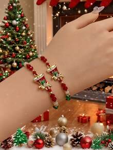2件套3D圣诞手链套装，手工编织手链首饰套装，圣诞礼物，包含圣诞老人、圣诞树、花环、铃铛、驯鹿、雪人元素，女士叠戴手链，可调节串珠手链 - 彩色 - 查看 9