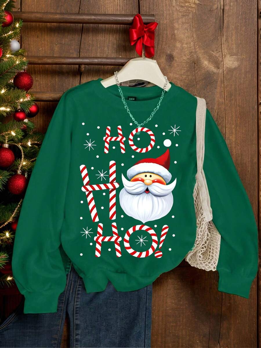 Sudadera para mujer estampado santa ho ho ho cuello redondo y puños estampado calientita para el frio invierno otoño primavera - Verde - Ver 1