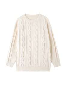 Plus Size Women Casual Solid Color Round Neck Sweater, Loose Fit Long Sleeve Pullover With Cable Pattern, Suitable For Valentine's Day Outfits - White - View 2