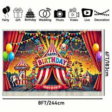 2D Flat Banner 1pc Circus-Themed Birthday Party Backdrop Banner - Vibrant Polyester Tapestry Featuring "Happy Birthday" Lettering, Clowns, Carousel Horses, And Balloons. Ideal For Photo Booths, Classrooms, Offices, And Outdoor Celebrations. Party Decoration | Lively Party Accessory | Durable Decorative Fabric | Birthday Party Decor - 1PCS - View 4