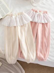 2pcs Set Of Young Girls' Fashionable And Cute - Bow Decorative Belt - Three-Dimensional Lace Skirt Casual Leggings, Soft And Comfortable Elastic Waist, Plush And Thickened Style, Casual And Versatile Sports Style, Suitable For Outdoor Activities In Autumn And Winter, School, Cycling, Jogging, Party, Vacation, Gathering And Daily Leisure, Any Scene