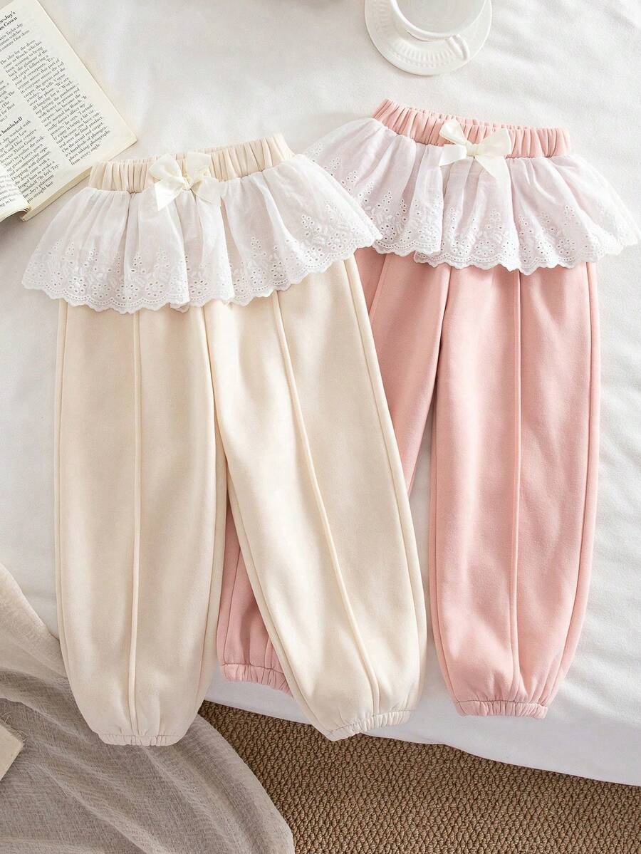 2pcs Set Of Young Girls' Fashionable And Cute - Bow Decorative Belt - Three-Dimensional Lace Skirt Casual Leggings, Soft And Comfortable Elastic Waist, Plush And Thickened Style, Casual And Versatile Sports Style, Suitable For Outdoor Activities In Autumn And Winter, School, Cycling, Jogging, Party, Vacation, Gathering And Daily Leisure, Any Scene